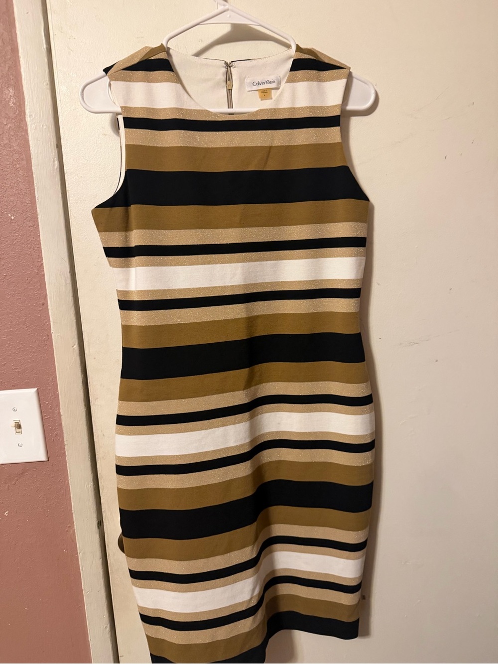 Calvin Klein Sleeveless Stripe Sheath Dress in Camel, Black & White